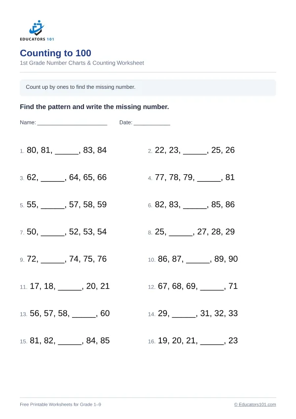 Counting to 100 worksheet 3 — 1st Grade