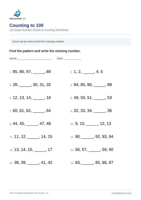 Counting to 100 worksheet 4 — 1st Grade