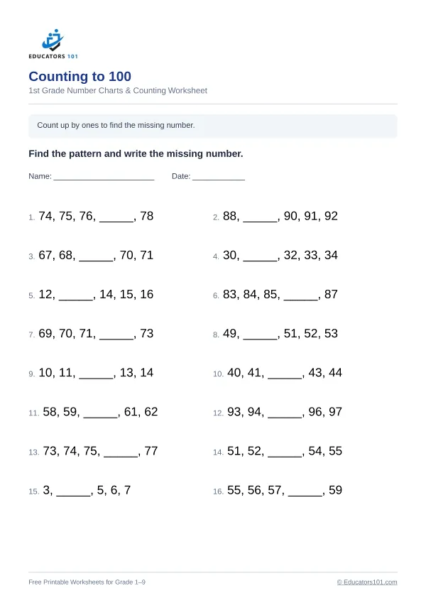 Counting to 100 worksheet 5 — 1st Grade