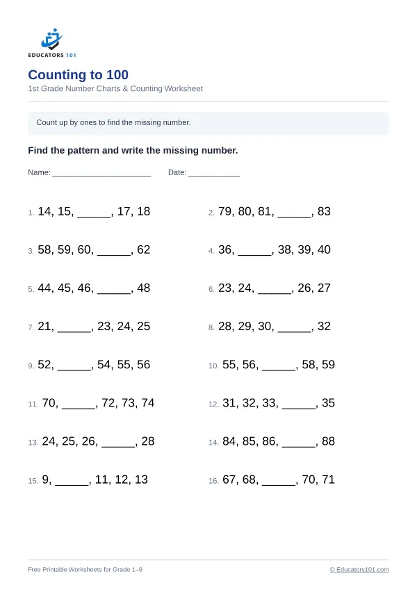 Counting to 100 worksheet 8 — 1st Grade
