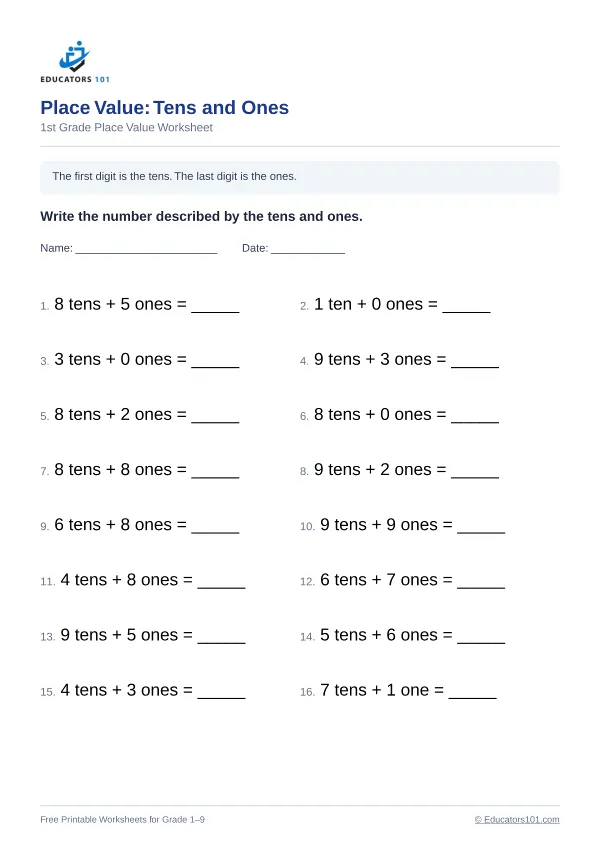 Place Value: Tens and Ones worksheet 1 — 1st Grade
