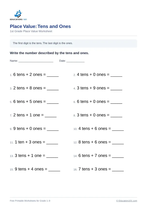 Place Value: Tens and Ones worksheet 3 — 1st Grade