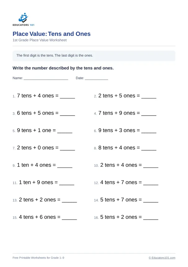 Place Value: Tens and Ones worksheet 5 — 1st Grade