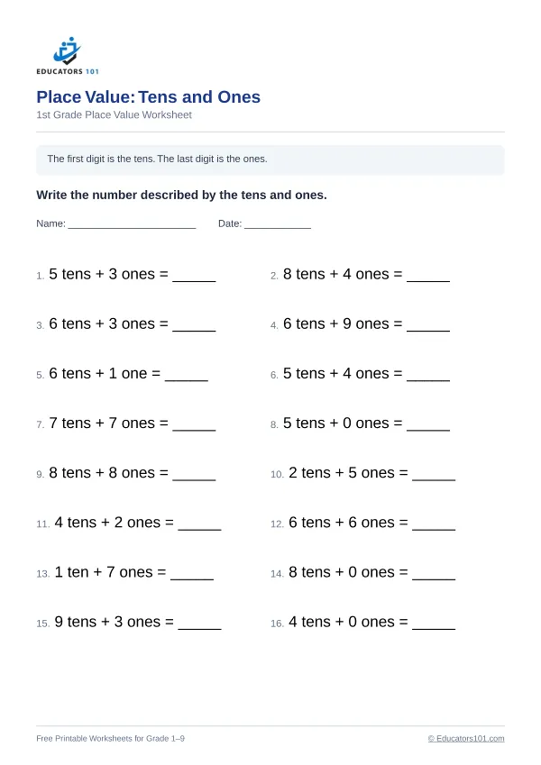 Place Value: Tens and Ones worksheet 6 — 1st Grade
