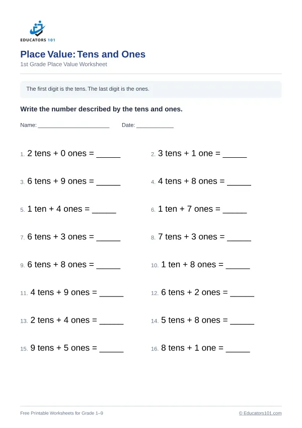Place Value: Tens and Ones worksheet 8 — 1st Grade