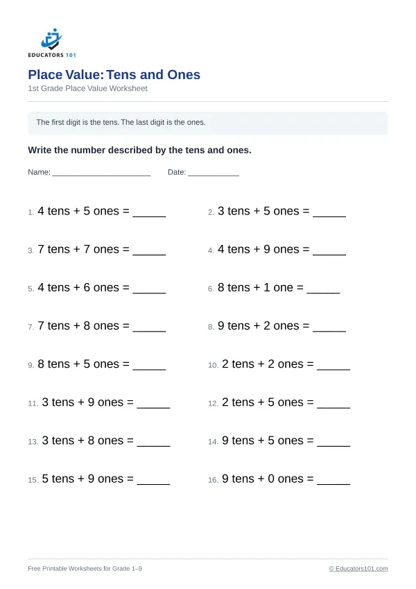 Place Value: Tens and Ones worksheet 9 — 1st Grade