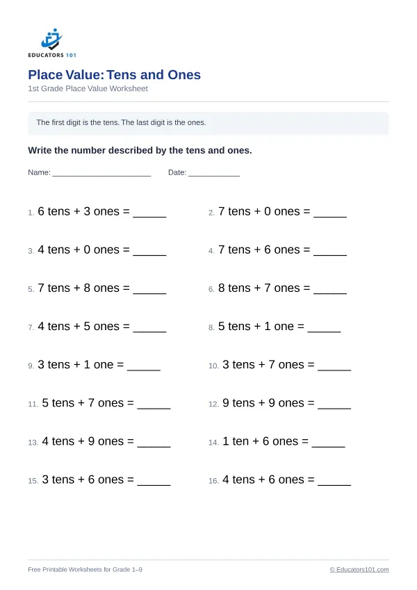 Place Value: Tens and Ones worksheet 13 — 1st Grade