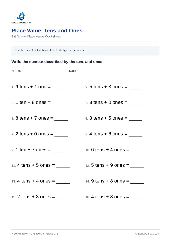 Place Value: Tens and Ones worksheet 15 — 1st Grade