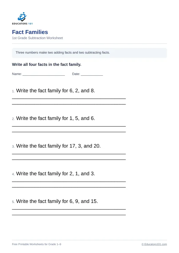 Fact Families worksheet 1 — 1st Grade
