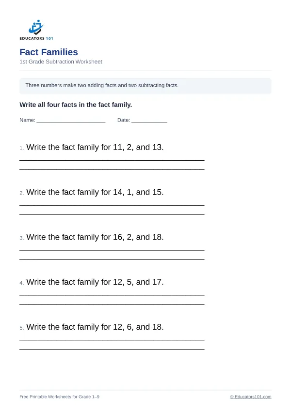 Fact Families worksheet 2 — 1st Grade