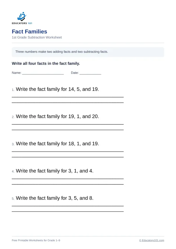 Fact Families worksheet 3 — 1st Grade