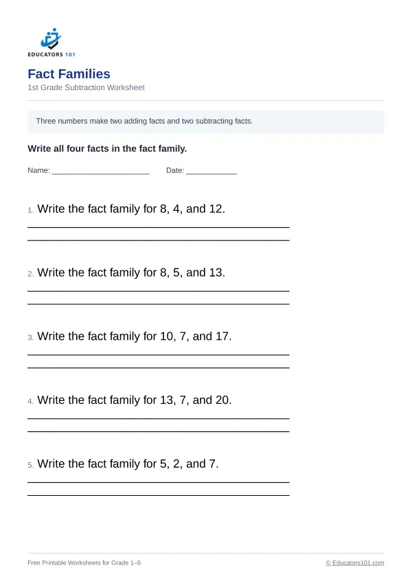 Fact Families worksheet 10 — 1st Grade