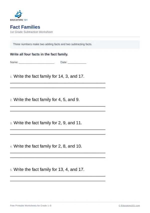 Fact Families worksheet 12 — 1st Grade