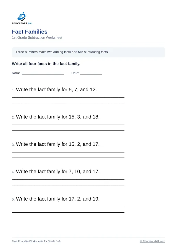 Fact Families worksheet 13 — 1st Grade