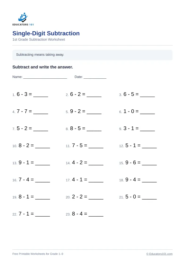 Single-Digit Subtraction worksheet 8 — 1st Grade