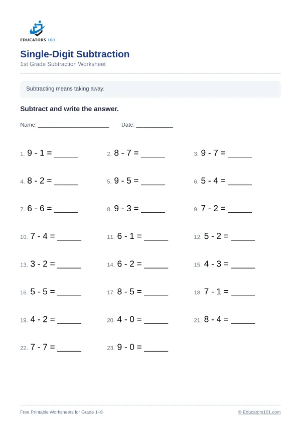 Single-Digit Subtraction worksheet 11 — 1st Grade