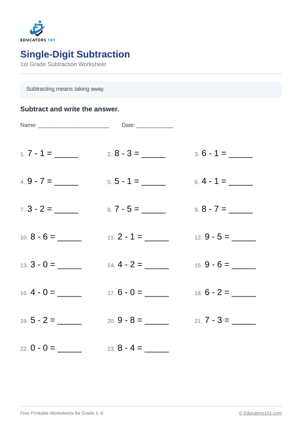 Single-Digit Subtraction worksheet 14 — 1st Grade