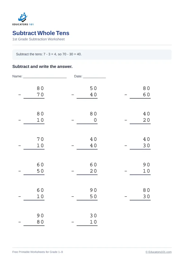 Subtract Whole Tens worksheet 15 — 1st Grade
