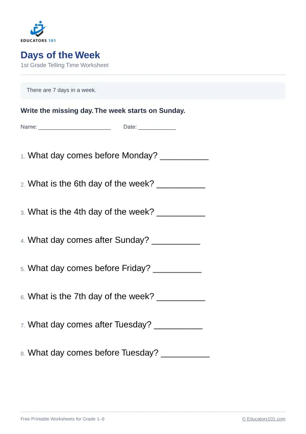 Days of the Week worksheet 1 — 1st Grade