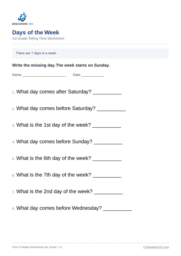 Days of the Week worksheet 2 — 1st Grade