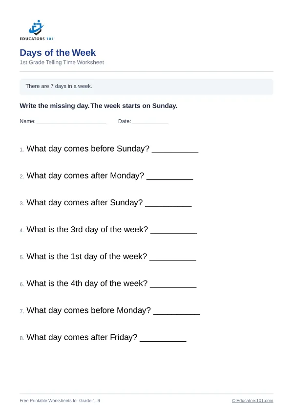 Days of the Week worksheet 4 — 1st Grade