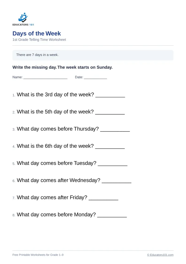 Days of the Week worksheet 5 — 1st Grade