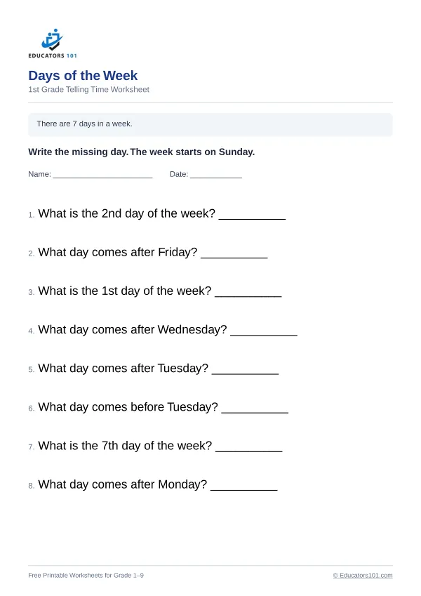 Days of the Week worksheet 6 — 1st Grade