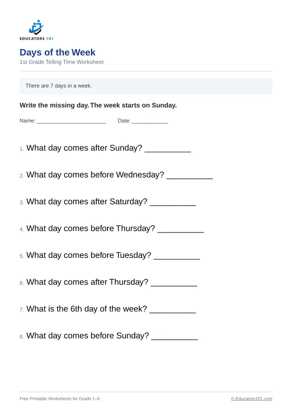 Days of the Week worksheet 9 — 1st Grade