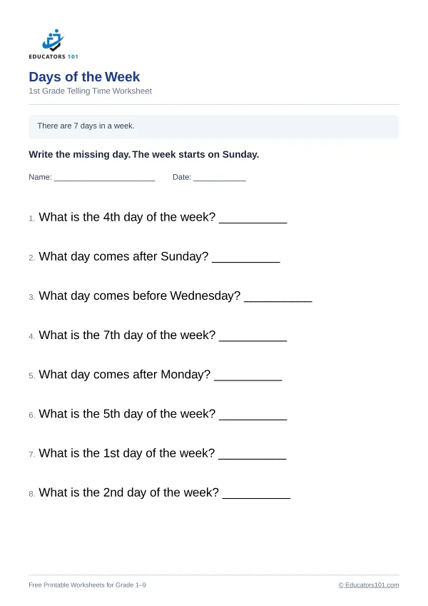 Days of the Week worksheet 11 — 1st Grade