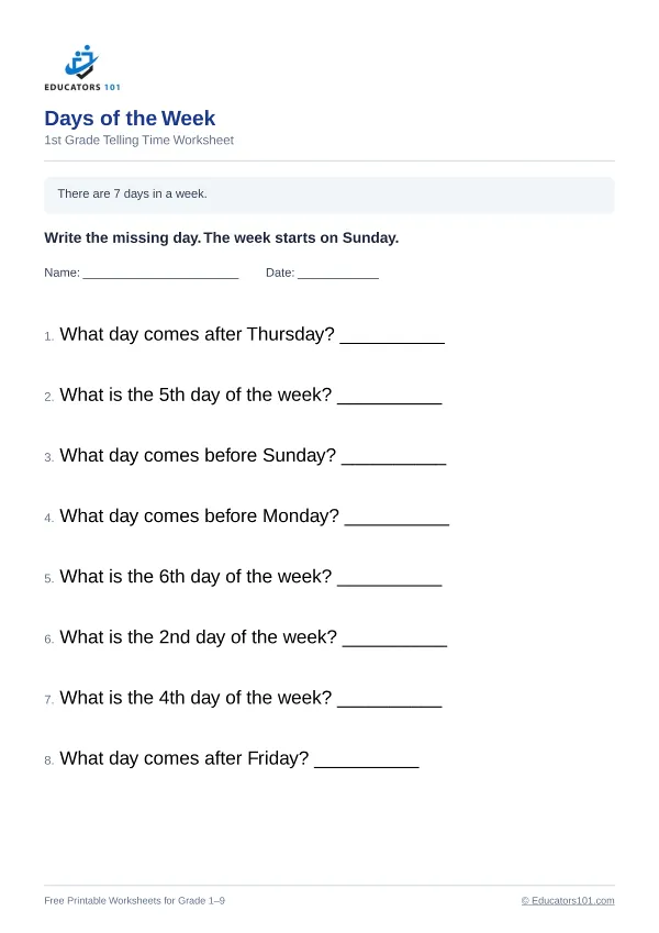 Days of the Week worksheet 14 — 1st Grade