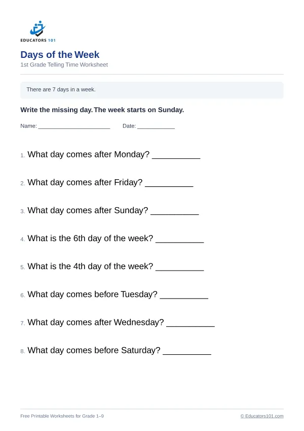 Days of the Week worksheet 15 — 1st Grade