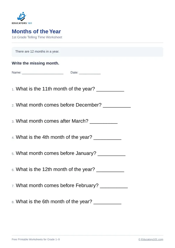 Months of the Year worksheet 2 — 1st Grade