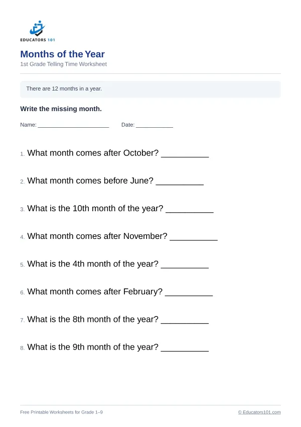 Months of the Year worksheet 3 — 1st Grade