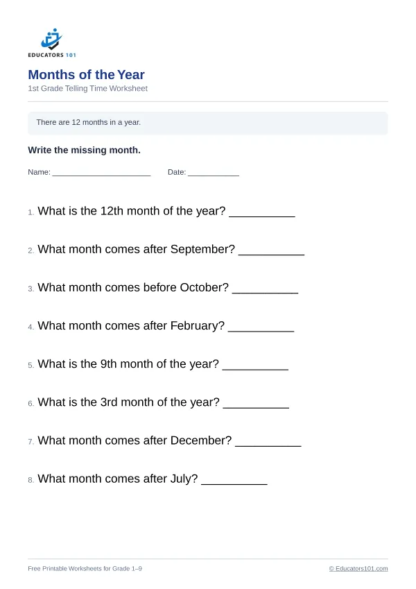 Months of the Year worksheet 5 — 1st Grade