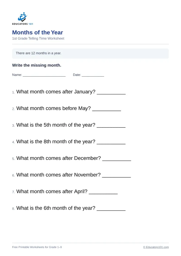 Months of the Year worksheet 9 — 1st Grade