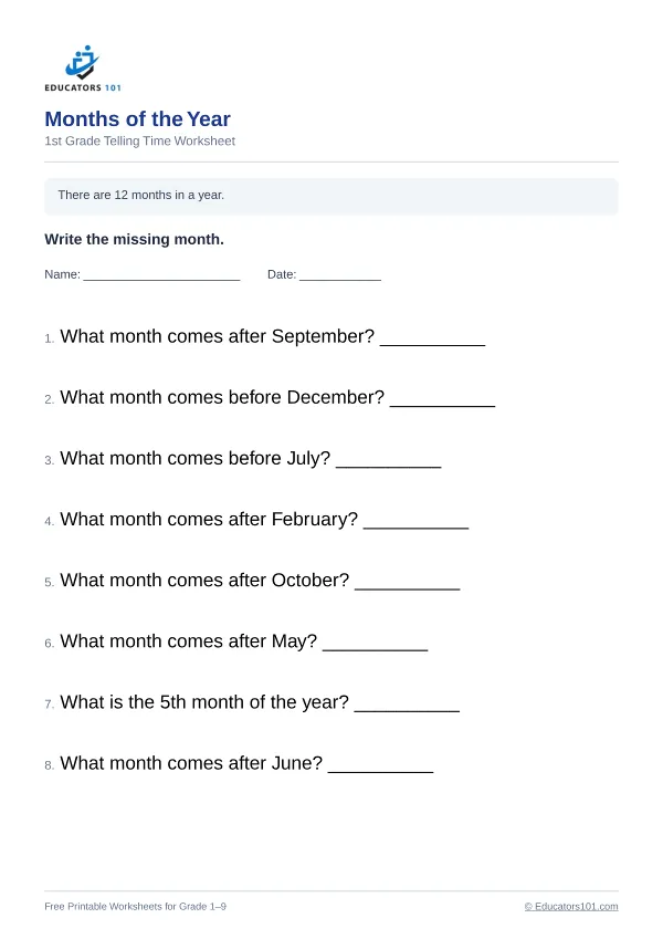 Months of the Year worksheet 10 — 1st Grade