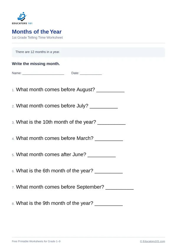 Months of the Year worksheet 11 — 1st Grade