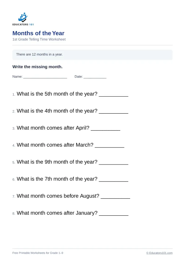 Months of the Year worksheet 12 — 1st Grade