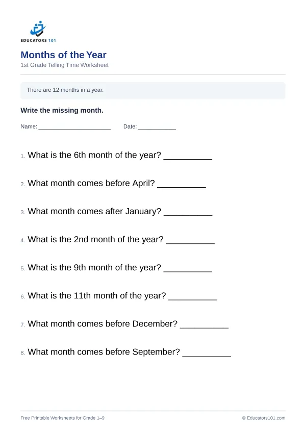 Months of the Year worksheet 13 — 1st Grade