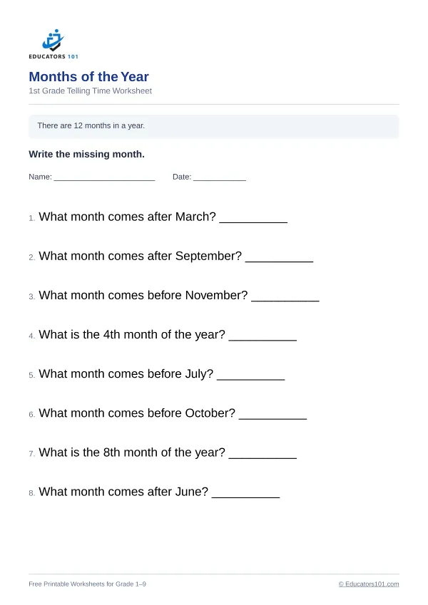 Months of the Year worksheet 14 — 1st Grade
