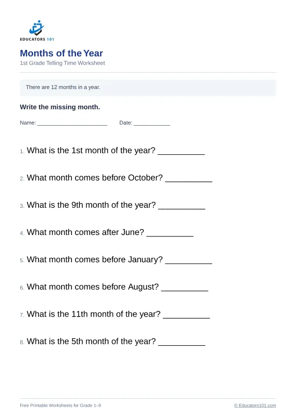 Months of the Year worksheet 15 — 1st Grade