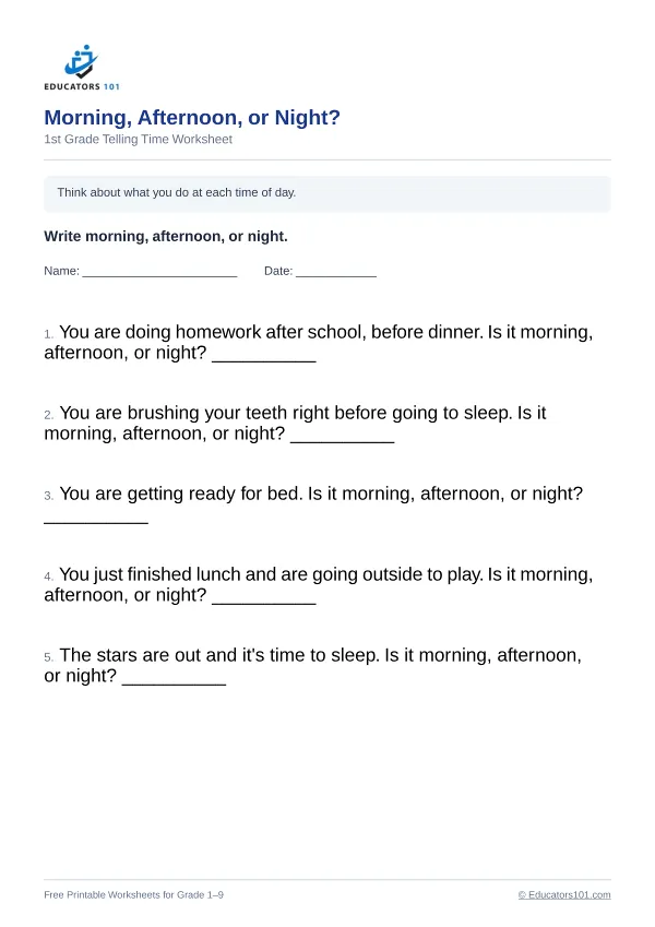 Morning, Afternoon, or Night? worksheet 1 — 1st Grade