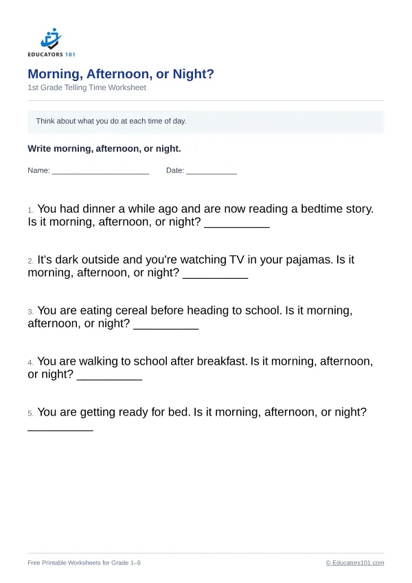 Morning, Afternoon, or Night? worksheet 2 — 1st Grade