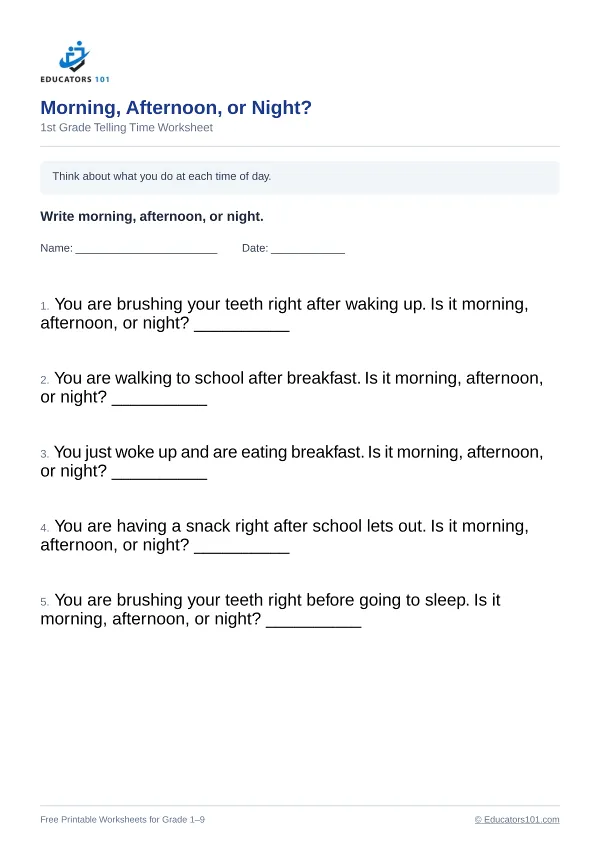 Morning, Afternoon, or Night? worksheet 3 — 1st Grade
