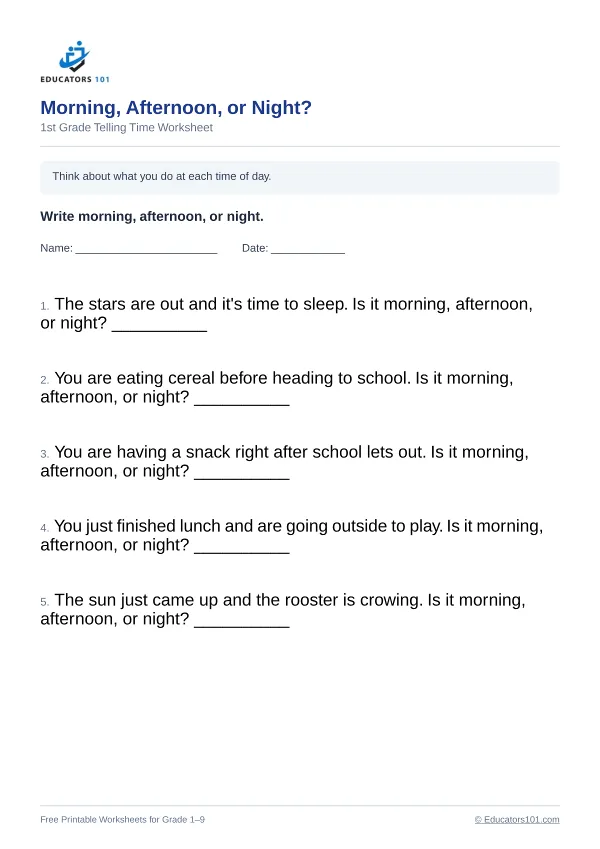 Morning, Afternoon, or Night? worksheet 4 — 1st Grade
