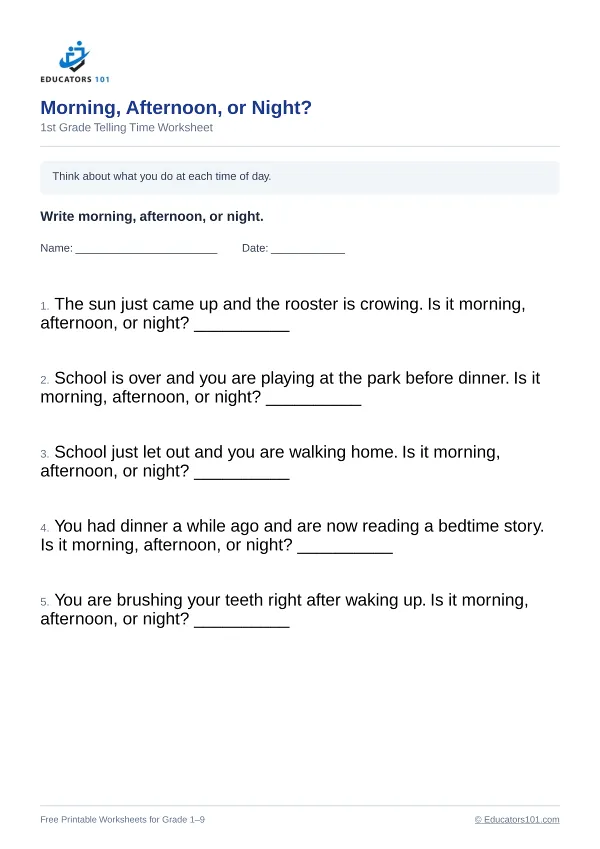 Morning, Afternoon, or Night? worksheet 5 — 1st Grade