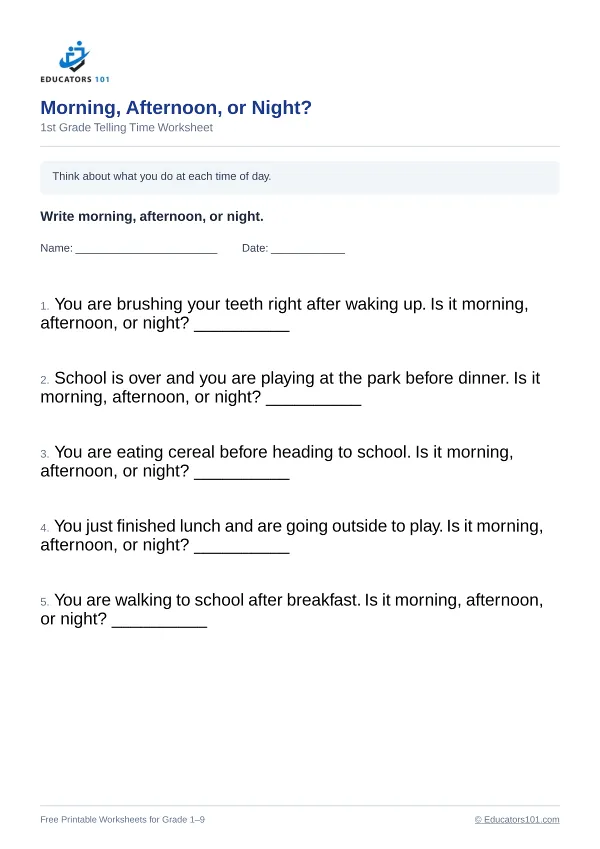 Morning, Afternoon, or Night? worksheet 6 — 1st Grade