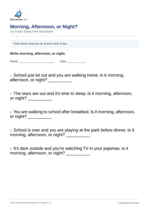 Morning, Afternoon, or Night? worksheet 7 — 1st Grade