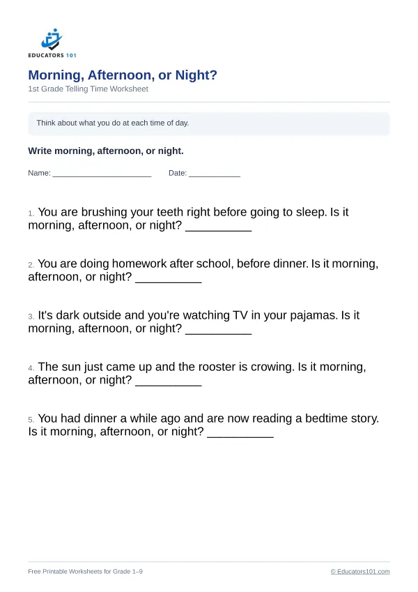 Morning, Afternoon, or Night? worksheet 8 — 1st Grade