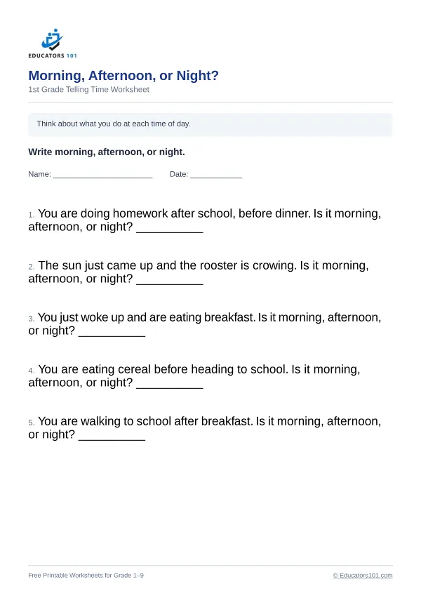 Morning, Afternoon, or Night? worksheet 9 — 1st Grade